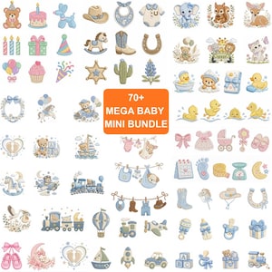 May include: A collection of over 70 embroidered-style digital icons featuring baby-themed motifs including teddy bears, balloons, trains, ducks, baby clothes, toys, and western elements, with a central orange box labeled 70+ MEGA BABY MINI BUNDLE.