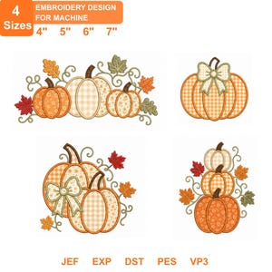 Könnte beinhalten: Maschinenstickdesign mit vier Kürbisarrangements in Orange, Creme und Karomustern, verziert mit Blättern und Schleifen. Der Text oben lautet 4 Sizes 4" 5" 6" 7" und die Dateiformate JEF, EXP, DST, PES, VP3 sind unten aufgeführt.