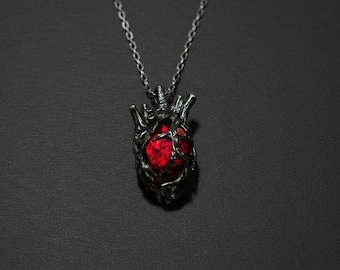 Gothic Anatomical Heart Necklace with Red Crystal Black Branch Pendant Unisex Jewelry