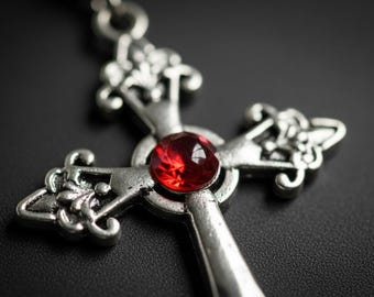 Cross Necklace Red Glass Center Statement Pendant Dark Romantic Vintage Jewelry Women