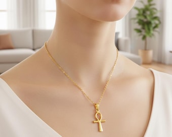 Collana con ciondolo a croce Ankh in oro, accessorio minimalista, simbolico, unisex, in stile moderno in metallo