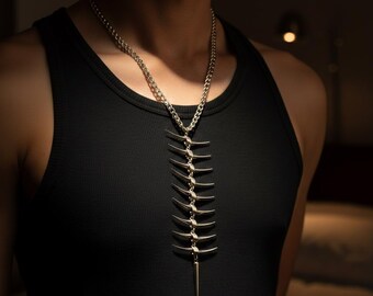 Collana con spina dorsale in argento, catena con spina di pesce industriale, gioielli gotici punk