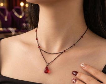 Collana a goccia minimalista con catena di perline a forma di Y, elegante ciondolo scuro in stile gotico