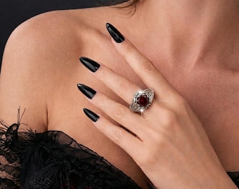 Red Gemstone Ring Geometric Statement Unisex Copper Vintage Charm Jewelry