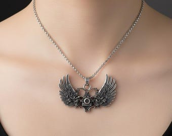 Vintage Silver Wings Heraldic Crest Pendant Necklace Gothic Unisex Statement Jewelry