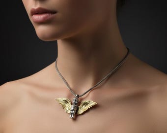 Two-Tone Gold Wing Silver Cherub Pendant Necklace Vintage Unisex Statement Jewelry