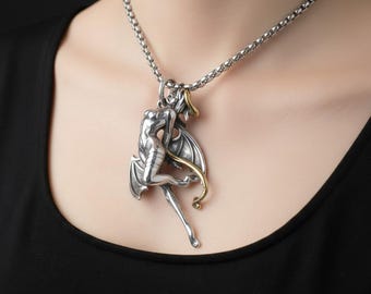 Demon Girl Devil Pendant Necklace Vintage Gothic Silver Gold Alloy Charm Jewelry