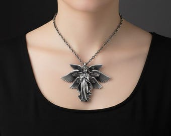 Vintage Oxidized Silver Angel Wings Pendant Necklace Gothic Celestial Statement Jewelry