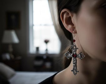Orecchini pendenti a croce neri e rossi, gioiello punk, dichiarazione, gioielli alternativi romantici e scuri, regalo