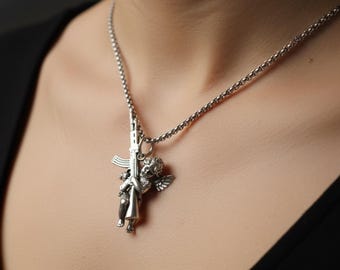Cherub Angel Rifle Pendant Necklace Silver Tone Edgy Streetwear Unisex Jewelry