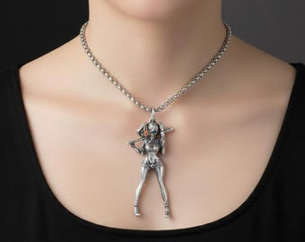 Silver 3D Baddie Girl Bat Figure Pendant Necklace Retro Alloy Women Unisex