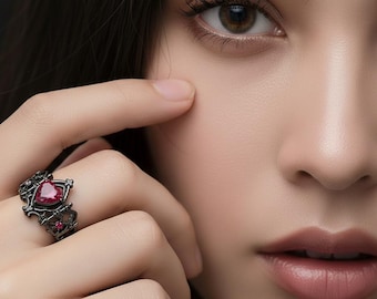 Gothic Crown Cross Adjustable Ring with Red Crystal Black Gunmetal Unisex Jewelry