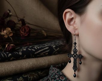 Gothic Cross Drop Earrings, Dark Retro Alloy Statement Jewelry Alt