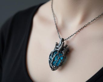 Dark Witch Heart Pendant Necklace Ancient Silver Gothic Couple Guardian Jewelry