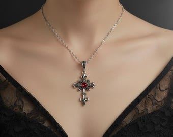 Gothic Baroque Cross Necklace Red Stone Pendant Dark Alternative Fashion Statement Jewelry