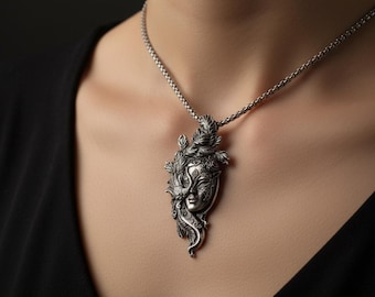 Vintage Venetian Masquerade Mask Pendant Necklace Antique Silver Feather Baroque Unisex Jewelry