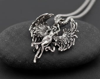 Silver Winged Female Figure Pendant Necklace Dark Fantasy Fallen Angel Retro