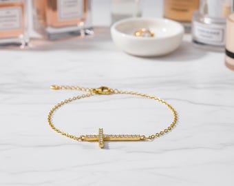 Bracciale con catena a croce in oro, stile minimalista, stile gotico, unisex, regolabile, stile moderno