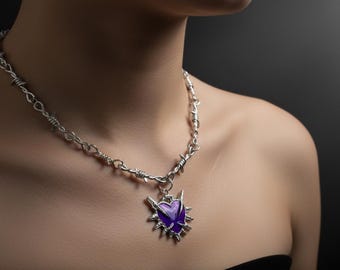 Purple Thorn Heart Necklace Y2K Harajuku Alternative Fashion Streetwear Sword Pendant