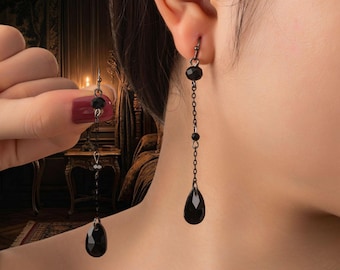 Teardrop Chain Earrings Gothic Minimal Dangle Jewelry Elegant Dark Statement Gift