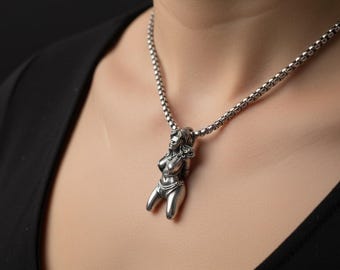 Blindfolded Woman Kneeling Pendant Necklace Vintage Gothic Silver Alloy Box Chain