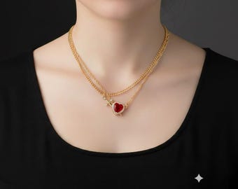 Heart Dagger Necklace Red Gemstone Pendant Romantic Statement Jewelry Crystal Halo