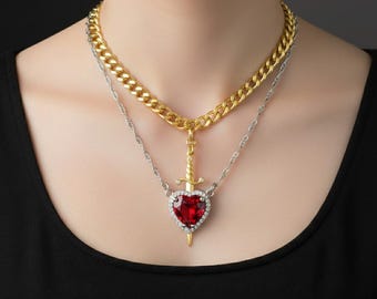 Gothic Sword Heart Couple Necklace Set Punk Romantic Pendant Jewelry Gift