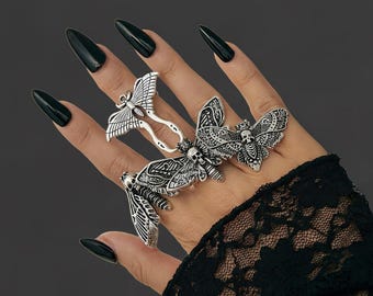 Gothic Moth Ring Set Skull Insect Statement Antique Silver Adjustable Band Jewelry