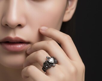 Crown Cross Adjustable Ring with White Crystal Medieval Black Gunmetal Band Unisex Fashion Jewelry