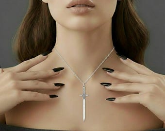 Gothic Sword Necklace Silver Tone Pendant Punk Unisex Statement Jewelry
