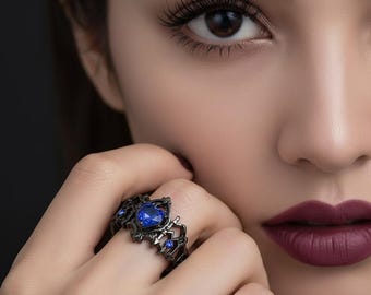 Gothic Crown Cross Adjustable Ring Blue Heart Crystal Medieval Unisex Jewelry