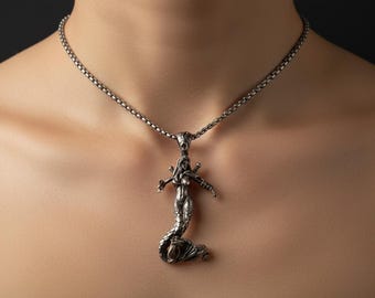 Vintage Warrior Mermaid Sword Pendant Necklace Antique Silver Unisex Gothic Jewelry
