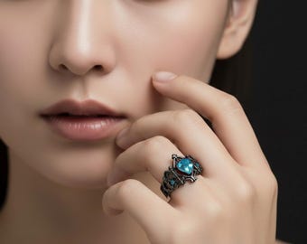 Gothic Crown Cross Adjustable Ring with Lake Blue Crystal Black Gunmetal Unisex Medieval Jewelry
