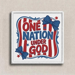 May include: White square patch with the text "ONE NATION UNDER GOD" in red and blue. The design includes red and blue stripes, blue bow ties, and stars, all within a white border.