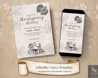 May include: Thanksgiving dinner invitation template, with a turkey illustration and autumnal leaf accents. Available in print and mobile versions. The text reads: "Thanksgiving dinner, November 27, 2025 at 3 pm".