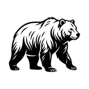 May include: A black and white illustration of a bear walking to the right. The bear is depicted in a stylized, graphic manner, with detailed fur texture. The image is suitable for use as a logo or design element.