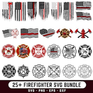 Puede incluir: Una colección de gráficos SVG con temática de bomberos. Los diseños incluyen banderas americanas con una línea roja, emblemas de bomberos, hachas y una boca de incendios. La paleta de colores es principalmente roja, blanca y negra.