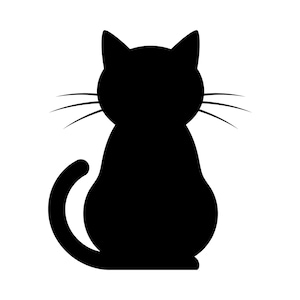 Puede incluir: Silueta negra de un gato sentado, visto desde atrás, sobre un fondo blanco. Las orejas son puntiagudas, los bigotes son visibles y la cola está enrollada. Diseño gráfico simple y limpio.