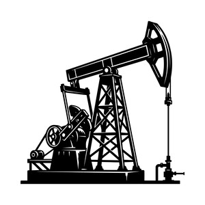 May include: Black and white illustration of an oil pump jack, a machine used to extract oil from the ground. The pump jack has a distinctive rocking beam and a tall, latticed support structure. The image is a vector graphic.