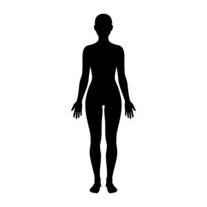 Peut inclure: Silhouette noire d'une figure humaine, debout, les bras le long du corps. La silhouette représente le corps entier, montrant la tête, le torse, les bras, les jambes et les pieds sur fond blanc.