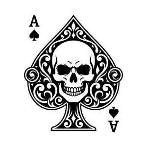 Peut inclure: Carte à jouer As de Pique en noir et blanc, avec un crâne à l'intérieur du symbole de pique. La carte porte la lettre "A" et un symbole de pique dans les coins.