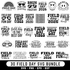 Può includere: Una raccolta di 30 design SVG per il Field Day in bianco e nero. I design includono frasi come "Field Day Vibes", "Happy Field Day 2026" e "Field Day Fun Day". Il bundle è disponibile nei formati SVG, PNG, EPS e DXF.