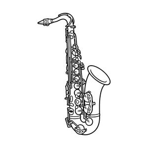 Op de afbeelding: Een zwart-witte lijntekening van een saxofoon. Het muziekinstrument wordt in een rechtopstaande positie weergegeven, met zijn gebogen hals, kleppen en beker duidelijk zichtbaar. De afbeelding heeft een witte achtergrond.
