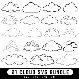 May include: A collection of 21 black and white cloud designs in various shapes and sizes. The image includes fluffy, rounded, and stylized cloud illustrations, perfect for digital art projects. The text "21 CLOUD SVG BUNDLE" is at the bottom.