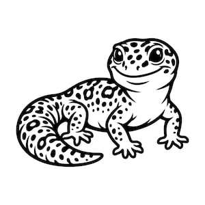 Può includere: Illustrazione in bianco e nero di un geco con un volto sorridente. Il geco ha un motivo a macchie sul corpo e sulla coda. Il geco è in una posa rilassata, con le zampe divaricate.