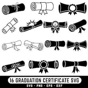 Peut inclure: Ensemble de 16 modèles SVG de certificats de graduation en noir et blanc. Les modèles incluent des diplômes enroulés avec des rubans et des sceaux. Le texte en bas indique "16 GRADUATION CERTIFICATE SVG".