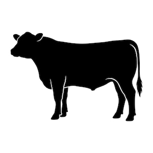 May include: A black silhouette of a cow against a white backdrop. The cow is depicted in profile, facing left. The image is a minimalist design, with clean lines and a stark contrast.