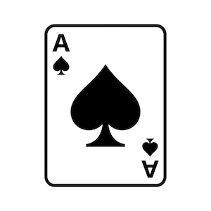 May include: A playing card featuring the Ace of Spades. The card has a white background with a black border. The large spade symbol is centered, with smaller spade symbols and the letter "A" in each corner.