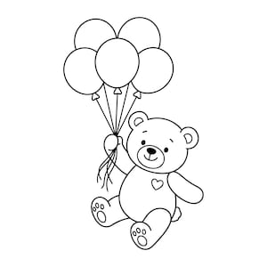 Puede incluir: Ilustración en blanco y negro de un oso de peluche sosteniendo cinco globos. El oso tiene un corazón en el pecho y está sonriendo. Los globos son redondos y se ven las patas del oso.