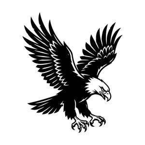 May include: A black and white illustration of a bald eagle in mid-flight, wings spread wide. The eagle is depicted with sharp talons and a focused gaze, ready to strike. The design is a classic emblem.